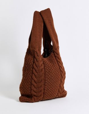 ASOS DESIGN retro grab tote bag in brown cable knit - ASOS Price Checker