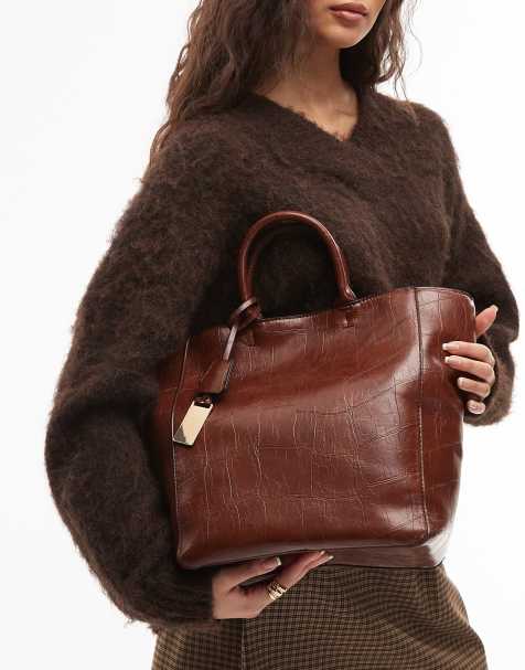 ASOS DESIGN tote bag with double handle in tan croc - view 1