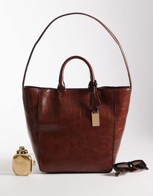 ASOS DESIGN tote bag with double handle in tan croc, 2 of 4