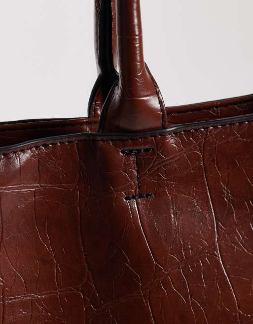 ASOS DESIGN tote bag with double handle in tan croc, 3 of 4