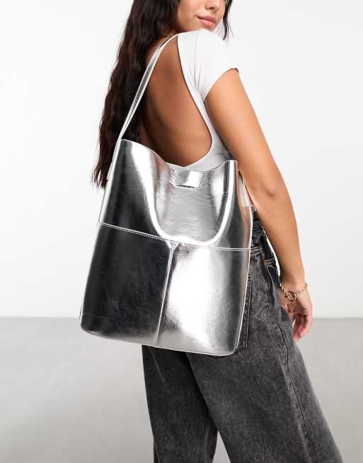 ASOS DESIGN tote bag with double pockets in silver