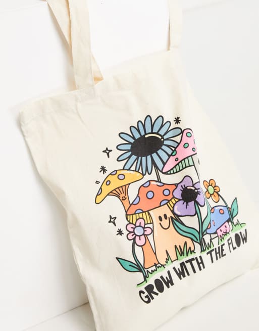 ASOS DESIGN - Borsa shopping in tela con stampa fungo e scritta