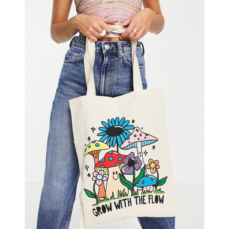 ASOS DESIGN Tote Bag With Mushroom Print In Natural-Neutral के लिए महिलाएं