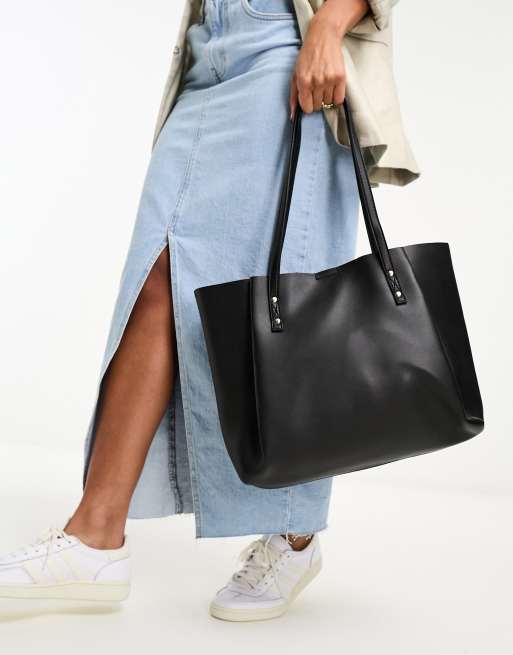 Black Leather-Look Midi Tote Bag