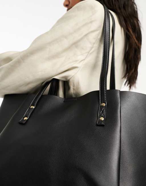 Black Leather-Look Midi Tote Bag