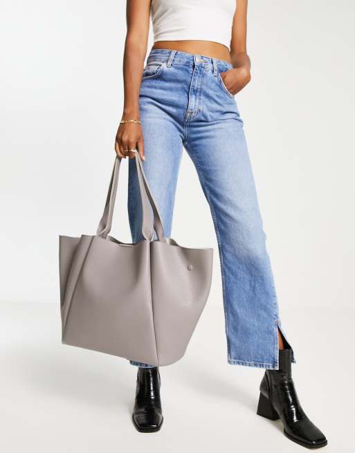 ASOS DESIGN suede tote bag with tie detail in gray