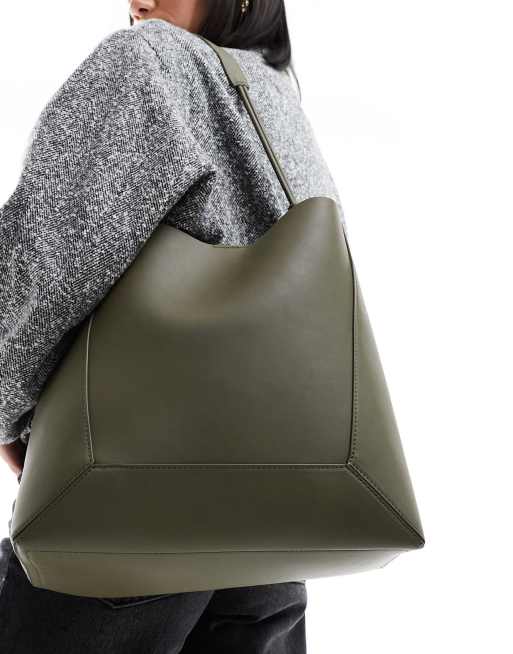 ASOS DESIGN - Tote met panelen en handvat met knopen in kaki, 2 van 4