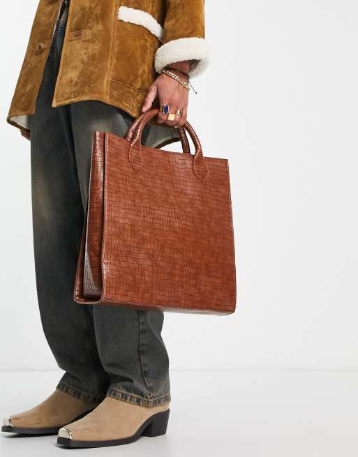 ASOS DESIGN - Tote met structuur in bruin met krokodillenmotief