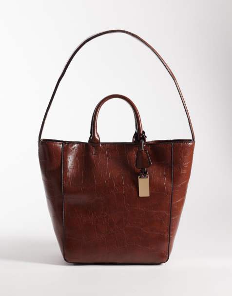 ASOS DESIGN - Tote tas met dubbel handvat in lichtbruin met krokodillenmotief - view 1