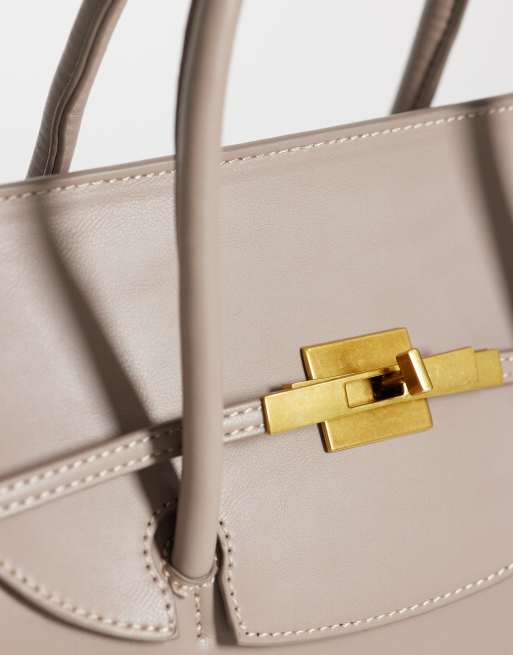 ASOS DESIGN - Tote tas met hengsel, riem en hardware in beige, 3 van 4