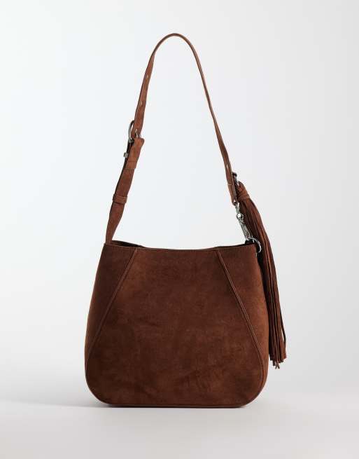ASOS DESIGN tote tas met studs en kwastjeshanger in chocoladebruin, 4 van 4