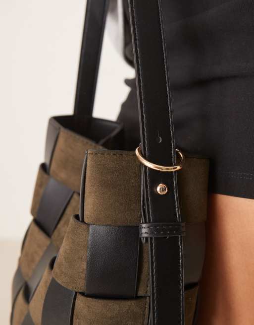 ASOS DESIGN - Tote tas van geweven imitatiesuède en imitatieleer in kaki, 2 van 4