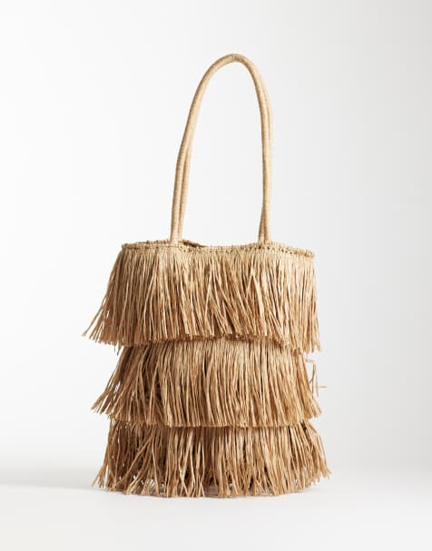 ASOS DESIGN - Tote tas van stro met franjes in naturel - view 1