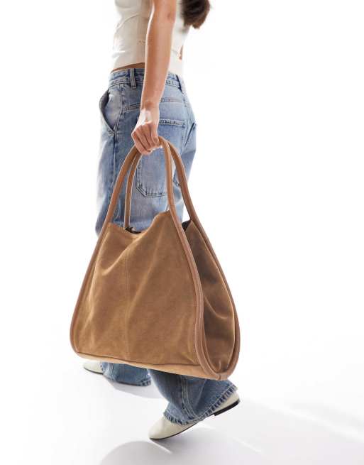 ASOS DESIGN - Tote tas van suède met buisvormige biezen in lichtbruin, 4 van 4