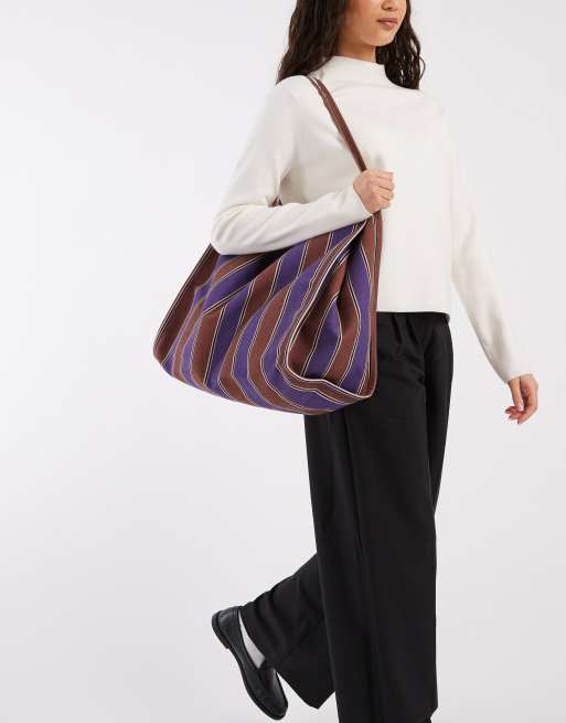 ASOS DESIGN - Tote-taske i kanvas med rørformet hank og brune og lilla striber, 3 af 4