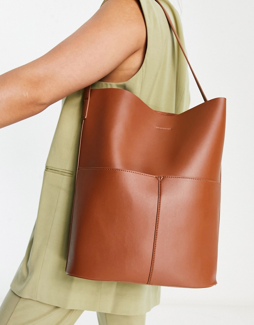 ASOS DESIGN tote with double pockets in tan-Brown