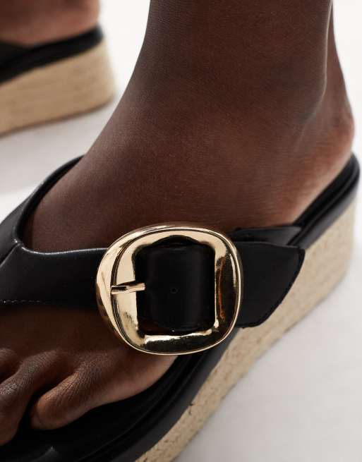 ASOS DESIGN Toucan buckle detail toe thong wedges in black