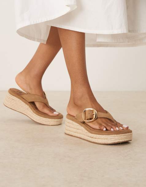 ASOS DESIGN Toucan buckle detail toe thong wedges in taupe - view 1
