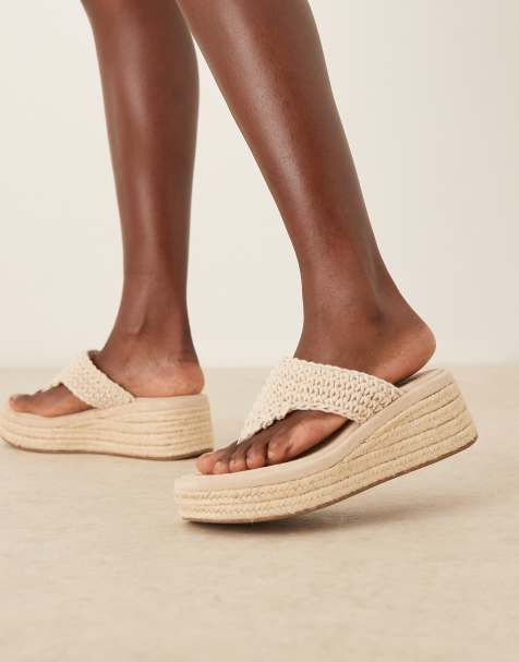 ASOS DESIGN Toucan crochet weave toe thong wedges in natural - view 1