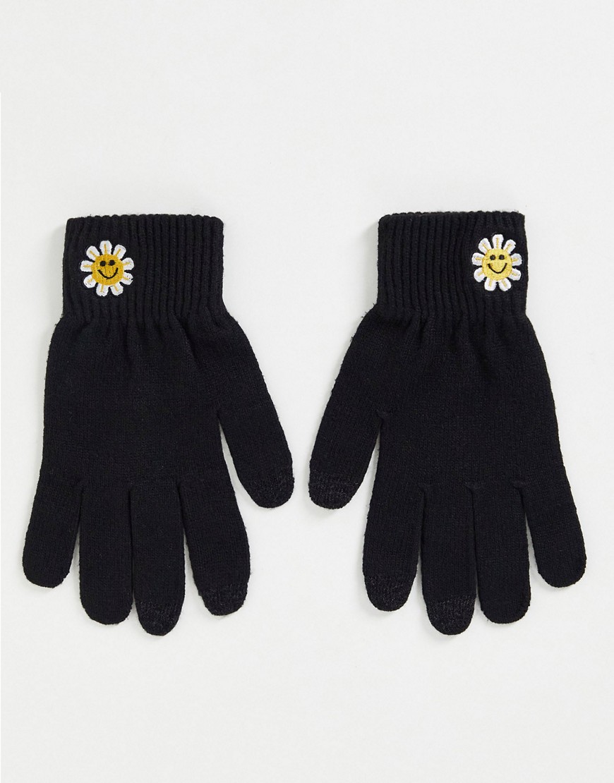 ASOS DESIGN touch screen gloves in recycled polyester with embroidery in black