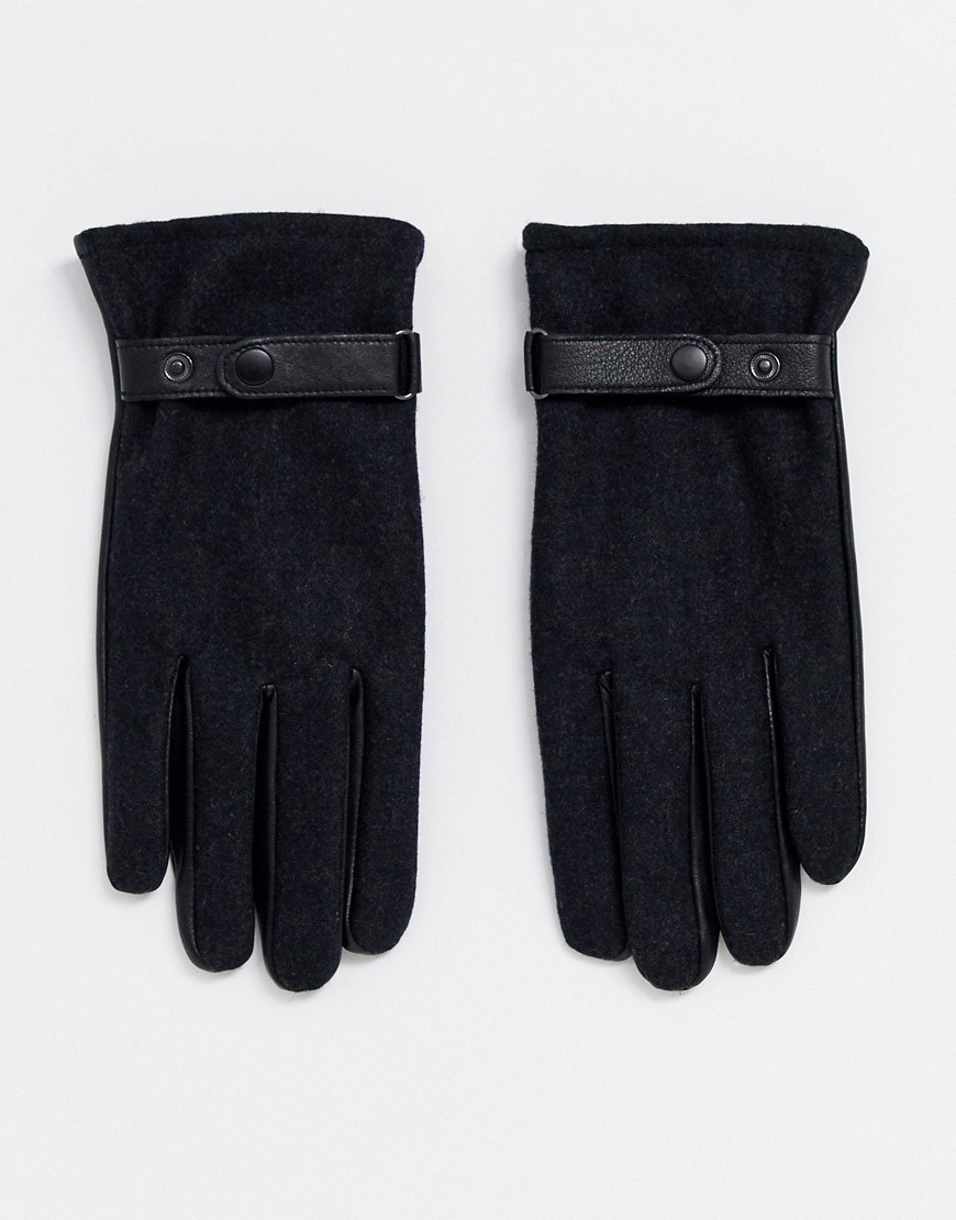 ASOS DESIGN touchscreen gloves in black leather with charcoal panel detail-Grey