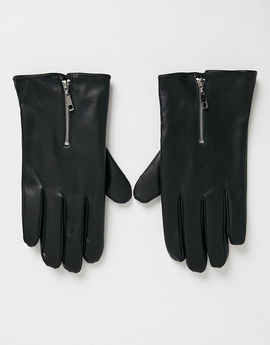 ASOS DESIGN touchscreen gloves in faux leather with zip detail-Black