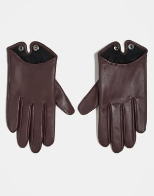 ASOS DESIGN - Touchscreen-Handschuhe aus Leder in Burgunderrot-Schwarz