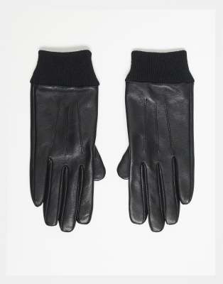 ASOS DESIGN - Touchscreen-Handschuhe aus Leder in Schwarz mit gerippten Bündchen