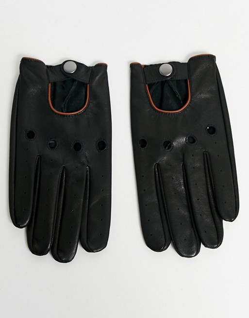 ASOS DESIGN touchscreen driving gloves in black leather with tan piping