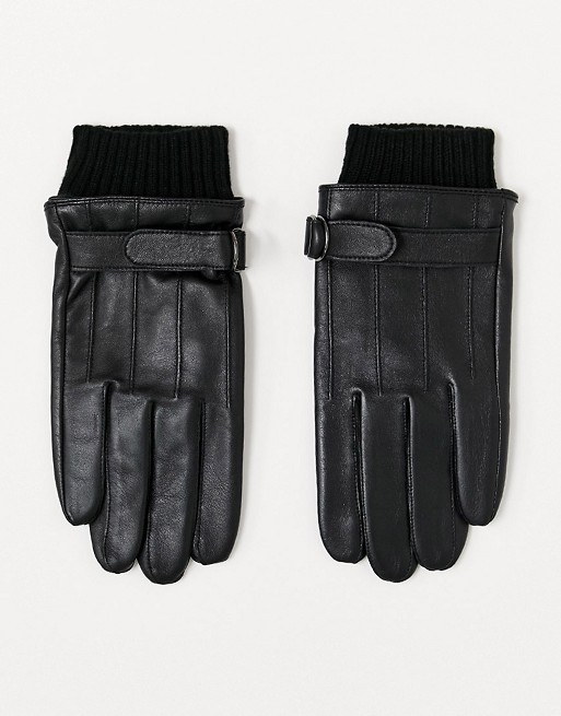 ASOS DESIGN touchscreen leather gloves in black with cuff detail