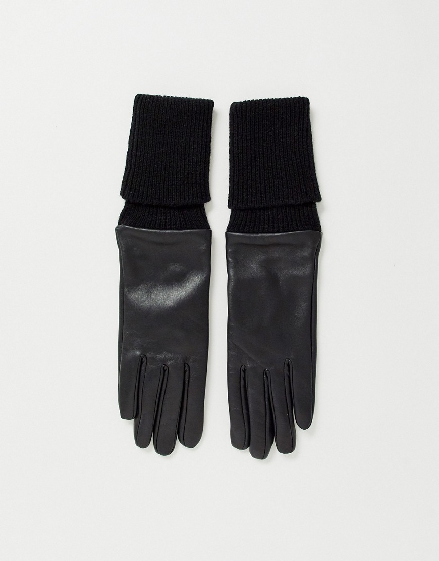 ASOS DESIGN - Touchscreen leren handschoenen met lange geribbelde gebreide rand in zwart