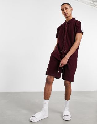 ASOS DESIGN toweling short lounge onesie with side stripe in burgundy-Red