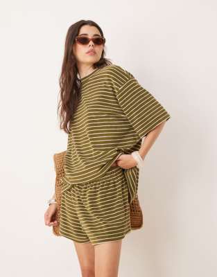 ASOS DESIGN towelling boxer short co-ord in khaki stripe - view 1