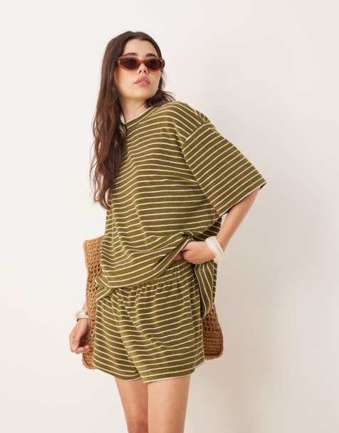 ASOS DESIGN towelling boxer short co-ord in khaki stripe