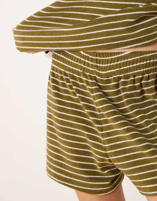 ASOS DESIGN towelling boxer short co-ord in khaki stripe, 2 of 5