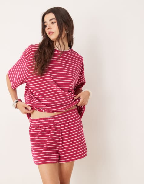 ASOS DESIGN towelling boxer short co-ord in pink stripe
