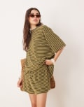 [ASOS DESIGN] ASOS DESIGN towelling boxer shorts in khaki stripe (Part of a set)-Green XS Khaki stripe