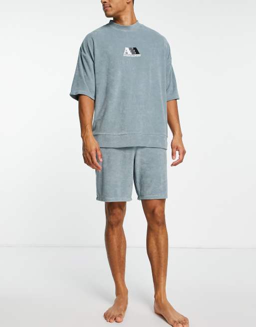 ASOS DESIGN towelling pajama set in blue with essentials print