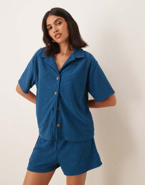 ASOS DESIGN towelling revere shirt in blue (part of a set) - view 1