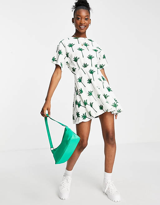  towelling short sleeve mini skater dress in cream and green palm print 