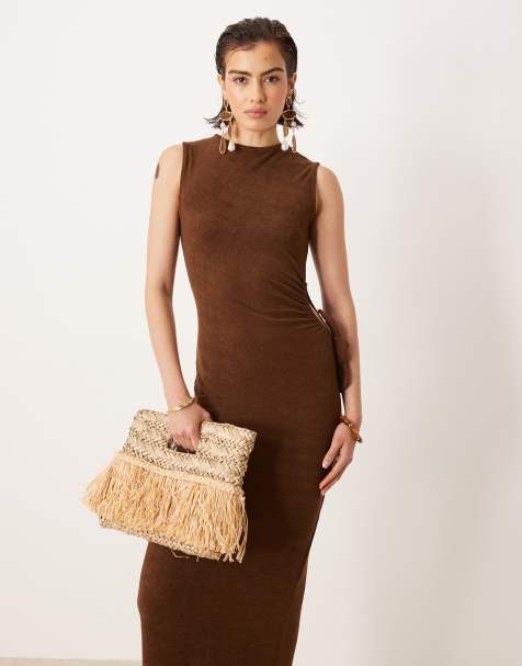 ASOS DESIGN towelling sleeveless cut-out side maxi dress in chocolate - view 1