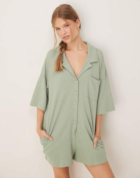 ASOS DESIGN towelling t-shirt romper in sage - view 1