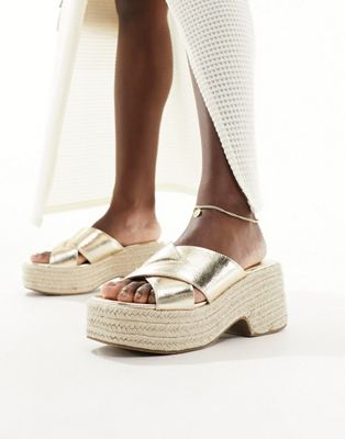 Asos Design Toy Cross Strap Wedges In Gold