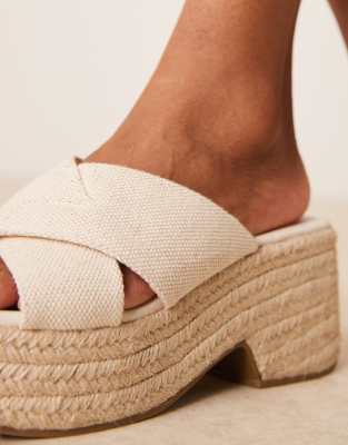 Asos Design Wide Fit Teddy 2 Cross Strap Wedges In Natural Fabrication-neutral In Neutral