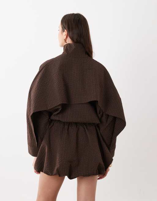 ASOS DESIGN track button down mini dress with puff skirt in chocolate check, 4 of 4