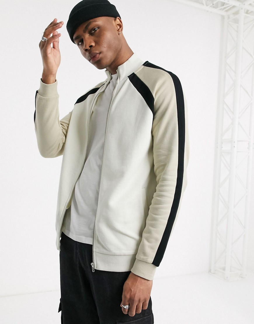 ASOS DESIGN track jacket with color block sleeve stripes in black / gray / beige