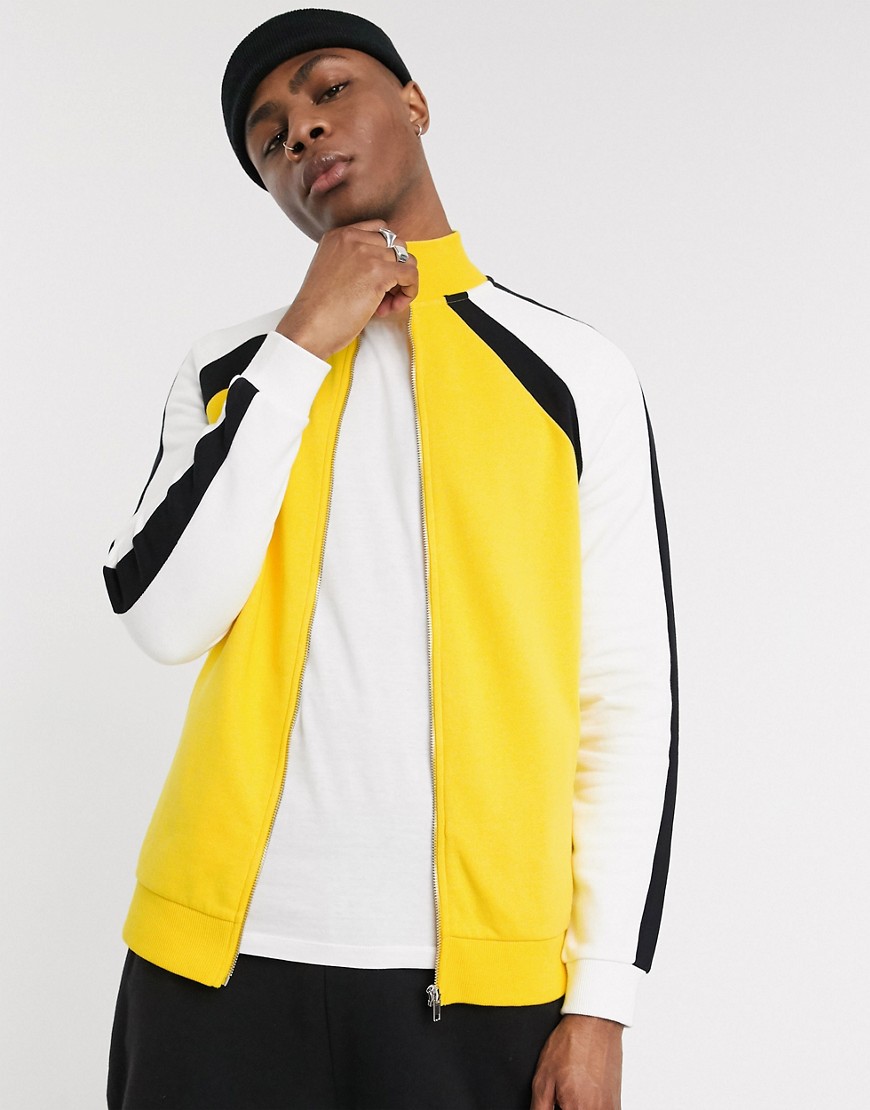 ASOS DESIGN track jacket with color block sleeve stripes in black & yellow