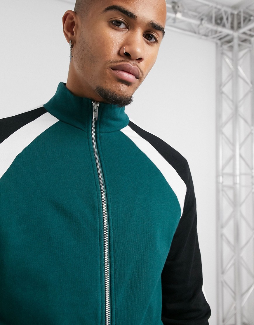 ASOS DESIGN track jacket with color block sleeve stripes in deep green
