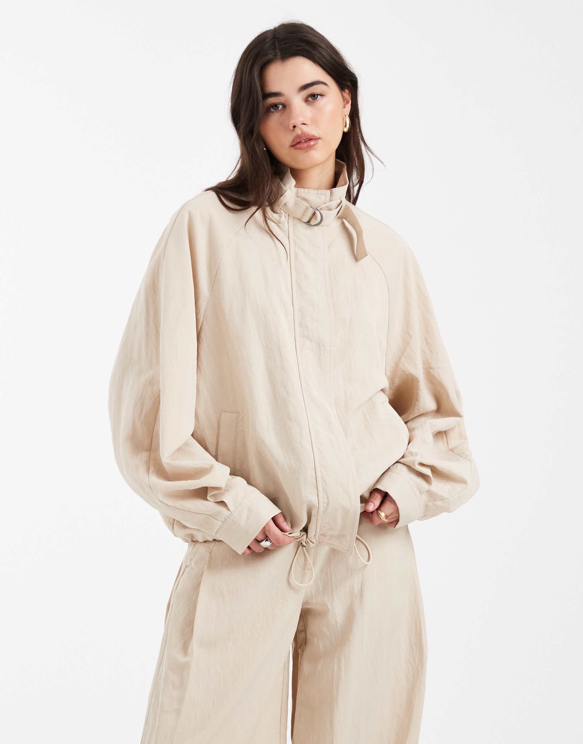 asos design track jacket with d-ring detail in stone - part of a set