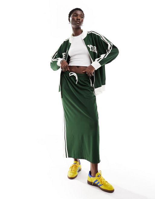 ASOS DESIGN track midi skirt co-ord with white stripe in green | ASOS